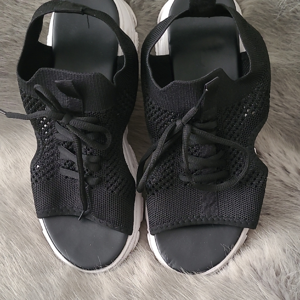 Black Knit Open-Toe Sneakers with White Soles size 11